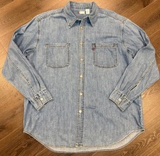 VTG Y2K Levis Blue Denim Jean Metal Button Up Utility Work Shirt - Mens L