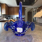 Fenton 7” Hand-Painted Blue Glass Basket Blue Flax Design By J. Watson