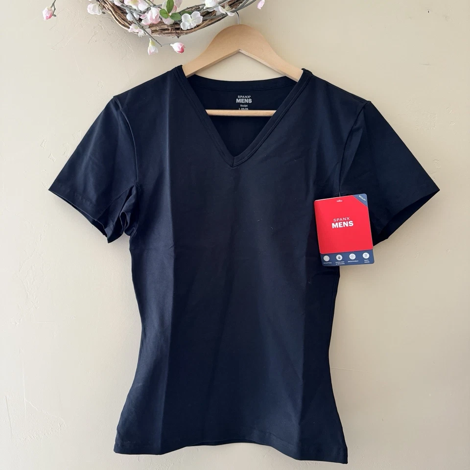 Spanx Sculpt T-Shirt Men's Large Black Cotton Blend Short Sleeve V-Neck - Image 3 of 4