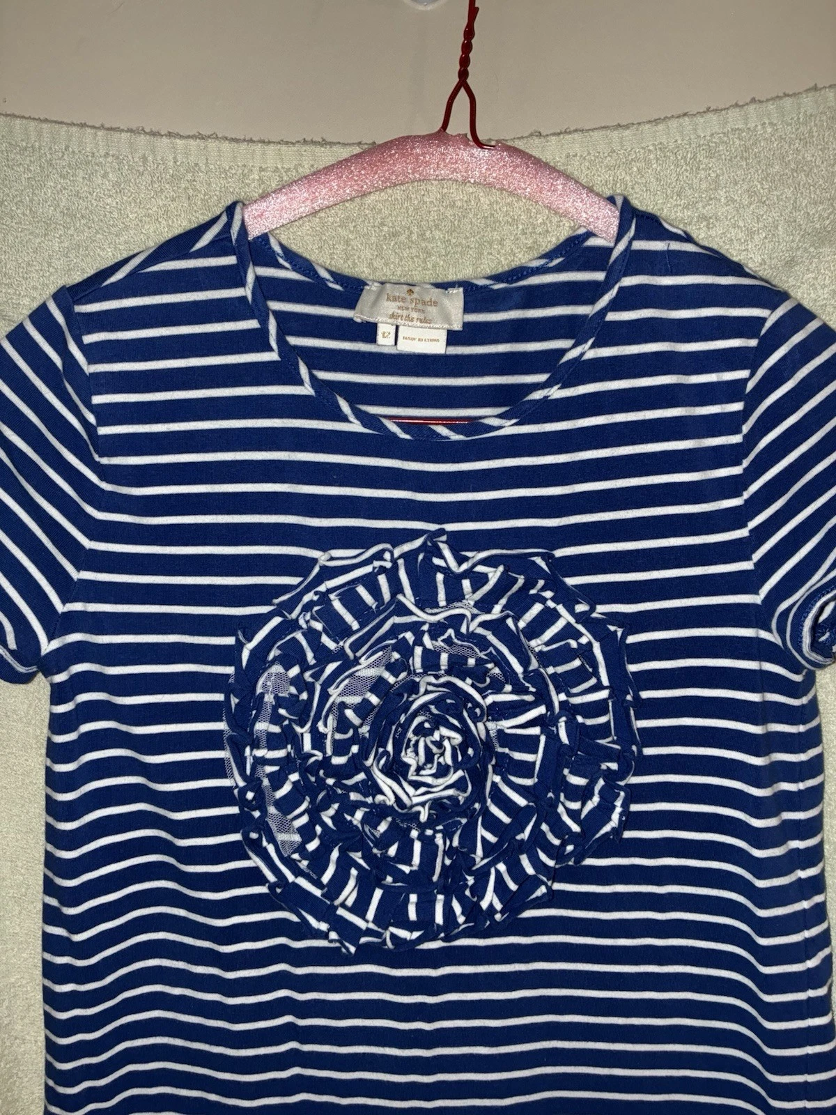 Kate Spade Gonna The Rules Bambina Taglia 12 Vestito 3D Fiori Seersucker Righe Spiaggia