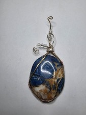 Wire Wrapped Blue Sodalite Jasper Gemstone Pendant Handmade Jewelry