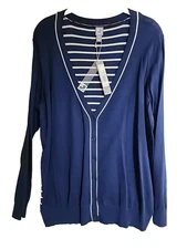 Retro Jcp navy Blue Cardigan New NWT Size XL Womens Modest striped MSRP $40