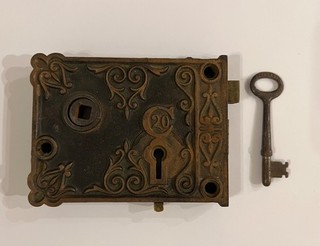 Ornate Cast Iron Brass Mortise Escutcheon Thumb Lock C20 Hearts Scroll with Key