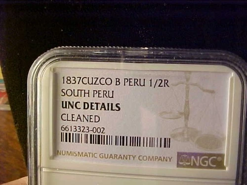 PERU SOUTH PERU CUZCO ½ REAL 1837 NGC UNC. RARE TYPE