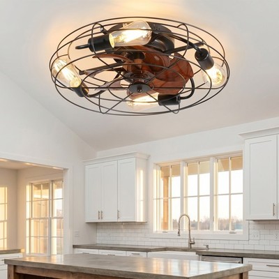 20'' Flush Mount Cage Ceiling Fan Light Farmhouse Fixture Kit w Remote & 5 Bulbs