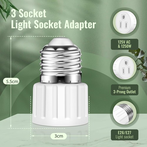 (2 Packs) 3 Prong Light Socket to Plug Adapter, E26 E27 Light Socket Outlet A... - Picture 2 of 7
