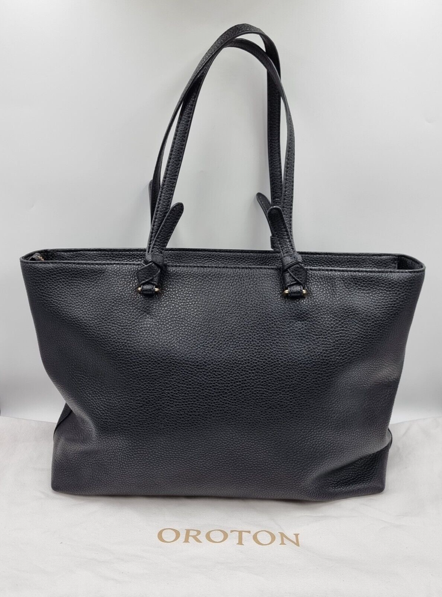 Oroton Atlas Black Genuine Leather Shopper Tote Shoulder Bag Purse