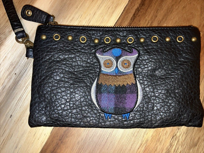 Mudd Black Owl Wristlet Soft Vegan Leather Purse w/ Removeable Strap