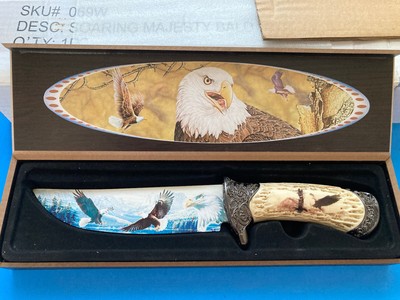  SOARING MAJESTYEP BALD EAGLE KNIFE  NEW Wooden Box DISPLAY STAG HANDLE