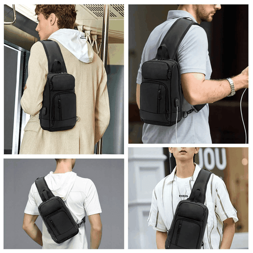 Sling Bag for Men Black Crossbody Bag with USB Charging Port Fits 10.2 inch iPad - Picture 6 of 6