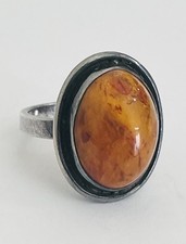 Vintage Signed Sterling Silver Natural Oval Baltic Amber Poland Ring Size 8