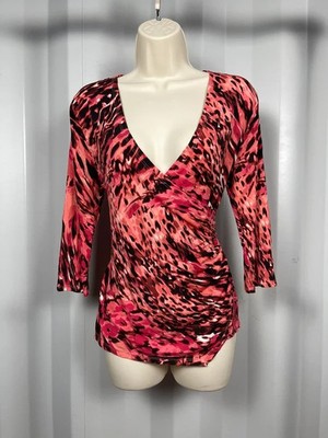 Jennifer Lopez Damen M Rosa Animal Print Wickeltop Tiefer V-Ausschnitt Y2K 3/4 Arm