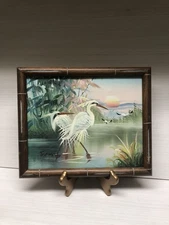 VTG Original Artist Signed Oil Painting On Canvas Heron Egrets Marsh Framed