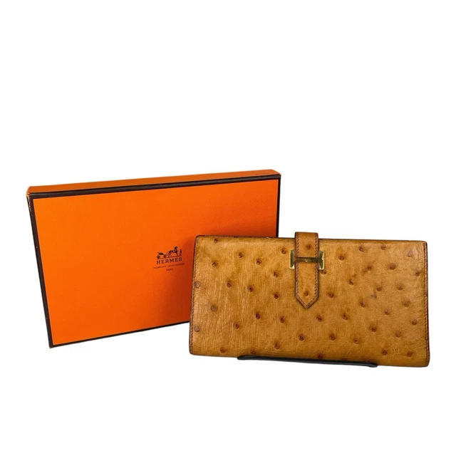 Hermes Bearn Ostrich GHW Brown Multi Card Cash Zip Slit Pocket Bi-Fold Wallet