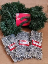 Home Accents 1-50 Ft Non-Lit Garland/ 3-12 Ft Holiday Time Tinsel Garland LOT 