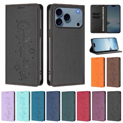 Für iPhone 17 16 15 14 Pro Max Hülle RFID Niedlich Katze Leder Wallet Flip Book Cover