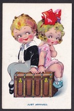 Vintage art postcard Boy & Girl on a trunk - Just Arrived