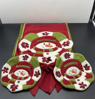 Vtg 68'' Snowman Table Runner & 2-8'' Hot Pads Unbranded Christmas Holiday EUC