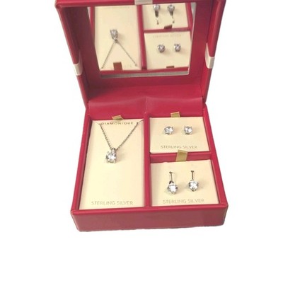 Diamonique Sterling Silver Set of 3 Pendant and Earrings Set NIB