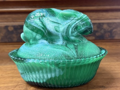 McKee Summit Slag Green White Glass Rabbit Bunny on Nest Covered Bowl ...