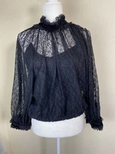 Vince Camuto Black Sheer Lace Long Sleeve Top Size Medium Ruffle Goth Whimsigoth