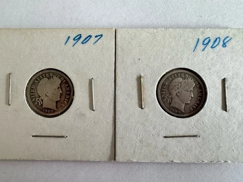 1907 and 1908 Barber Dimes - 2 Coin Lot