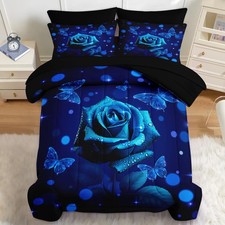 7 Pcs Comforter Set Full Size, Blue Rose Floral Flower Bedding Set for Kids a...