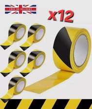 12 Rolls Hazard Tape Roll Self Adhesive Black And Yellow Safety Warning 33Mx48MM