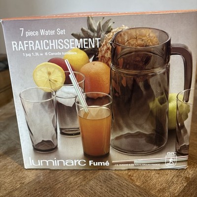 Luminarc Torsade French Jug Pitcher Tumbler Set Smoked Fumé Glas Box 70er MCM