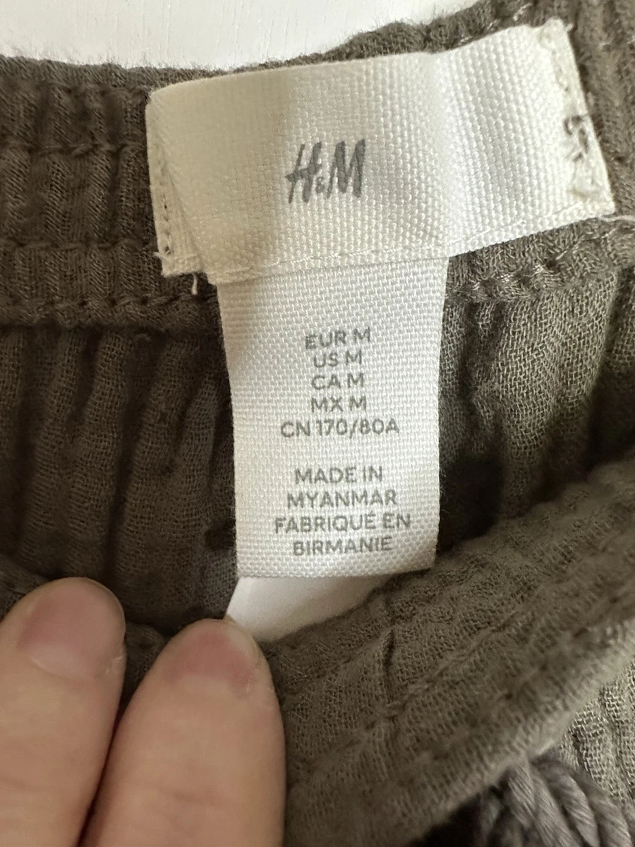 NUEVO CON ETIQUETAS H&M Mujer Muselina Algodón Pull On Pantalones Medianos Caqui Oscuro Verde