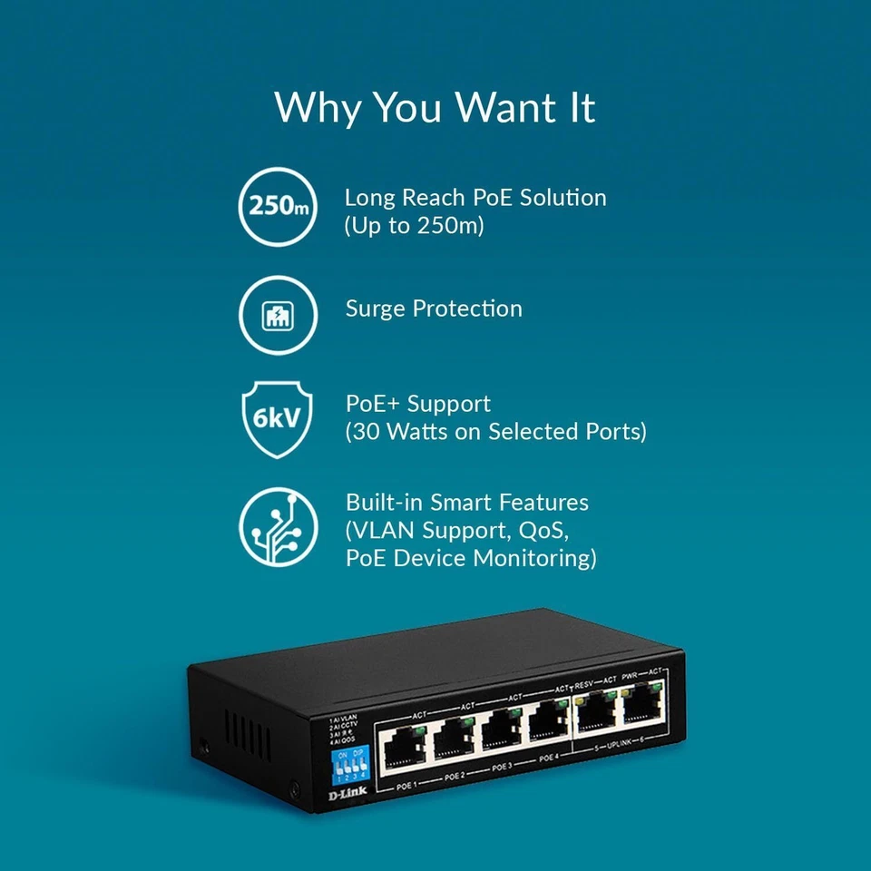 D-Link 6 Port 10/100Mbps PoE Switch with 4 Long Reach Ports and 2 Uplink Ports - Image 2 of 4