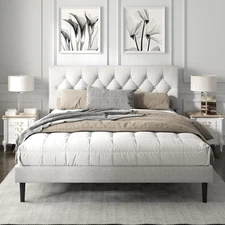 King Size Platform Bed Frame with Upholstered Button Tufted Headboard, Mattress