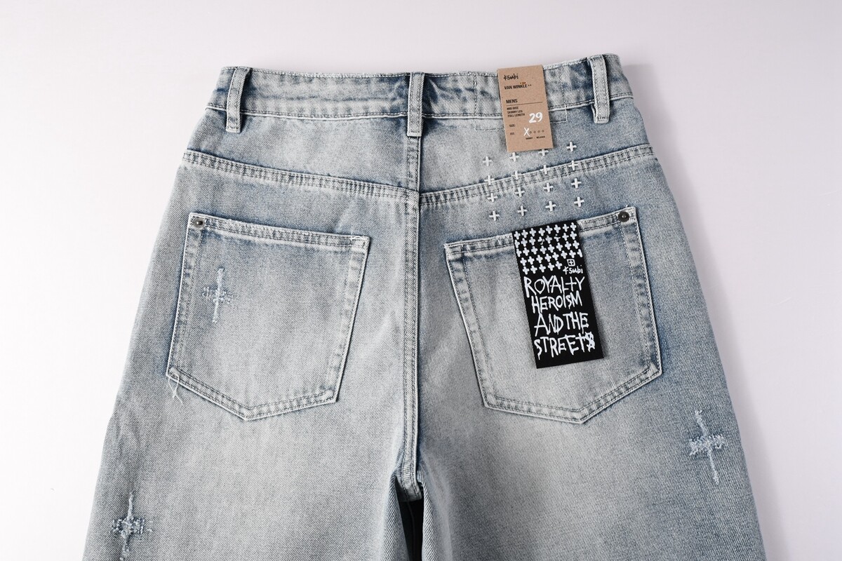 NEW KSUBI Men's Light Blue Embroidered Wide Leg Jeans Pants