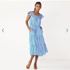 DRAPER JAMES RSVP Midi Sun Dress Blue White Striped