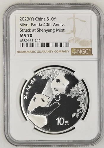 2023(Y) CHINA S10Y SILVER PANDA 40TH ANNIV. STRUCK AT SHENYANG MINT NGC MS 70