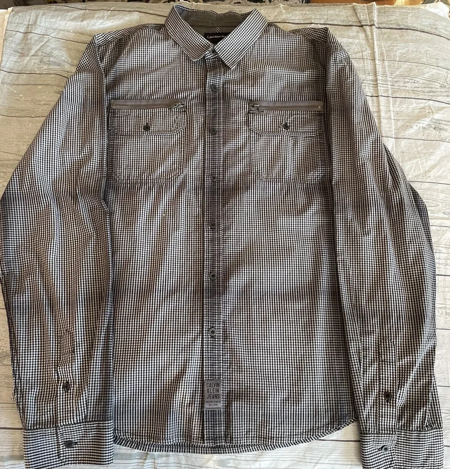 Calvin Klein Jeans Shirt Button Long Sleeve Mens Black White Check Size XXL - Image 2 of 4