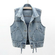 Gilet In Denim Donna Giacca Top In Lino Cardigan Con Lacci