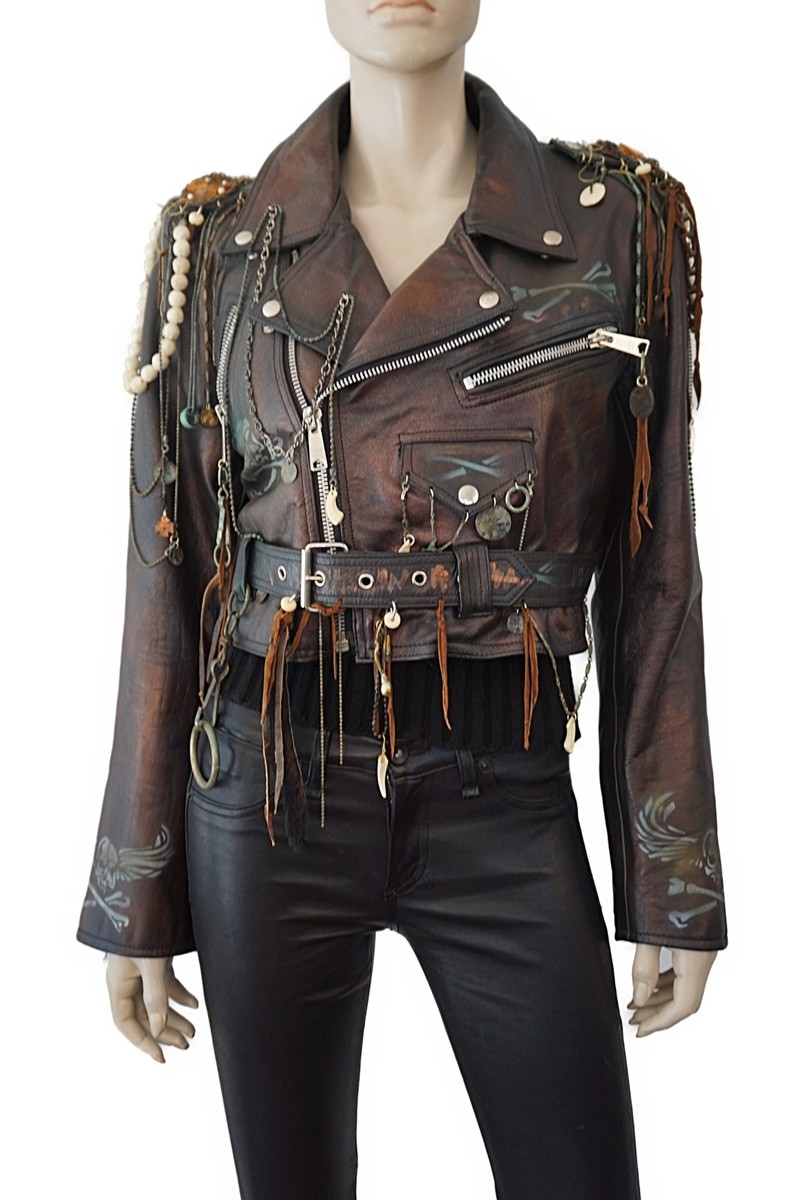 VINTAGE 80s Upcycled LEATHER BIKER Jacket Paint Chains Stencil 