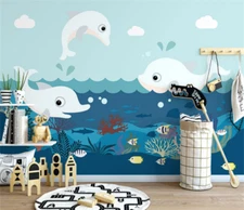 3D Dolphin Coral Sea Cartoon Kids Self-adhesive Removeable Wallpaper Wall Mural