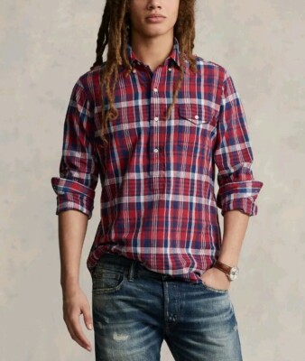 Polo Ralph Lauren Classic Fit Indigo Bleeding Madras Plaid LS Shirt Men Sz Large