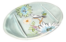 Large Serving Dish 3-Section Divided Tray Blue Stoneware 13.5" Birds & Flowers