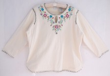 WHITE STAG XL 16/18 PULLOVER SWEATER CREAM COTTON NYLON FLORAL EMBROIDERY/BEADS
