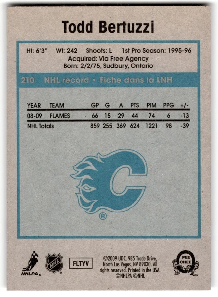 Todd Bertuzzi 2009-10 O-Pee-Chee Retro #210 Calgary Flames - Image 2 of 2