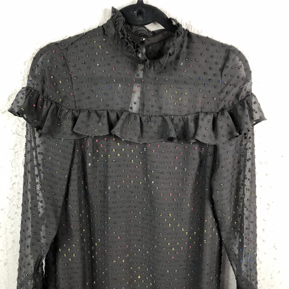 Vestido Betsey Johnson para mujer 2 negro transparente superpuesto moteado volante caprichoso Foto 3 de 4