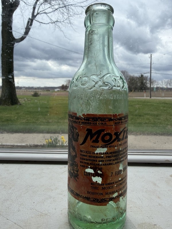 Antique  Moxie Soda Bottle 7 Fluid Ounces Green Glass Boston MA paper label! 