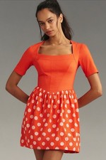 NWT Anthropologie Maeve Short-Sleeve Square Neck Mini Dress Polka Red Dress S
