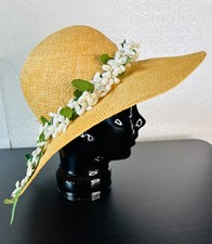 VTG 70'S-80'S FLOPPY WOVEN STRAW SUN HAT WHITE FLORAL GREEN VELVET BOW WIDE BRIM