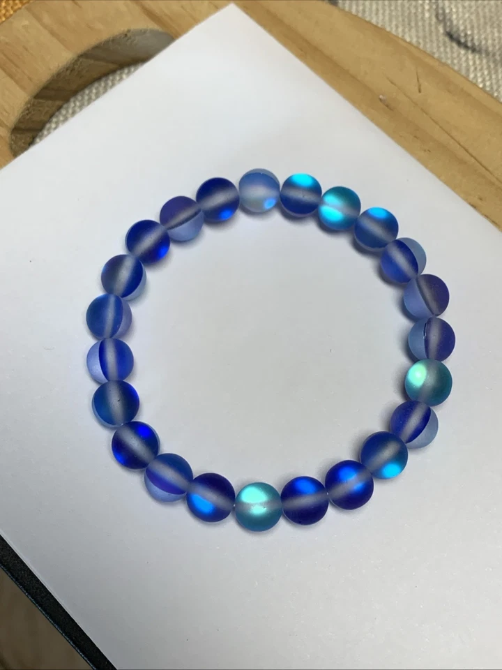 8mm Blue Mystic Aura Quartz Gemstone Frosted Titanium 6.5" Stretchy Bracelet - Image 3 of 3