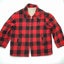 Vintage 60s Buffalo Plaid Wool Hunting Coat Red Black Sherpa Made in USA XXL