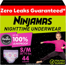 Pampers 44 Pack Ninjamas Girl's Small / Medium Nighttime Bedwetting Underwear